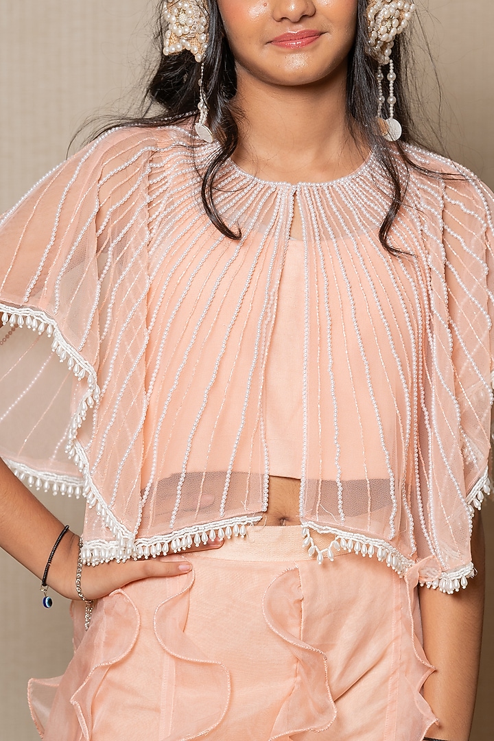 Peach Net & Organza Embroidered Cape Set For Girls by Kirti Agarwal Pret n Couture at Pernia's Pop Up Shop