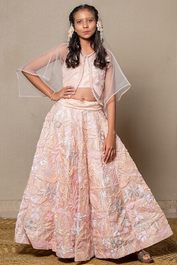 Peach Net & Silk Embroidered Cape Set For Girls by  Kirti Agarwal Pret n Couture at Pernia's Pop Up Shop