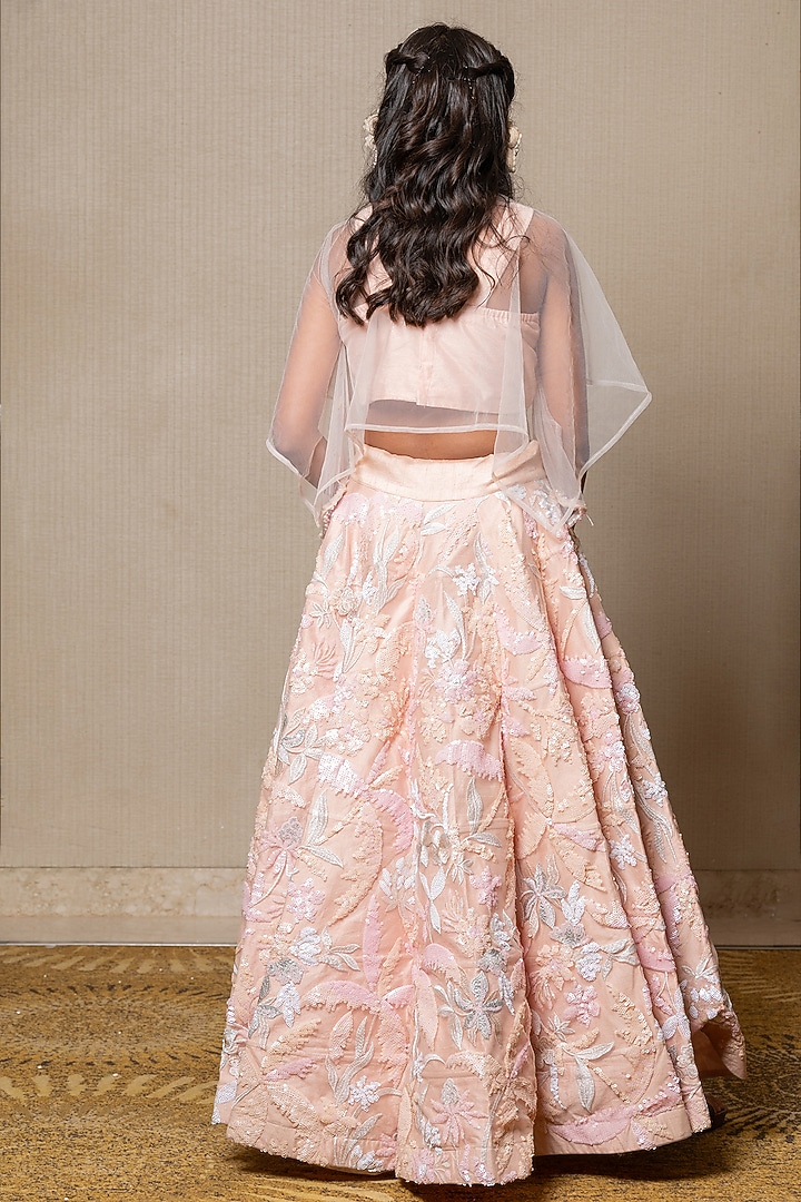 Peach Net & Silk Embroidered Cape Set For Girls by Kirti Agarwal Pret n Couture at Pernia's Pop Up Shop