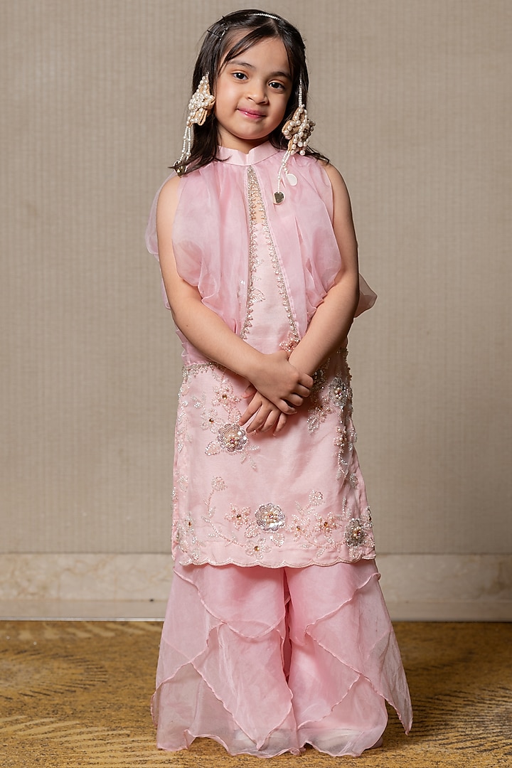 Pink Organza & Net Embroidered Cape Set For Girls by  Kirti Agarwal Pret n Couture at Pernia's Pop Up Shop