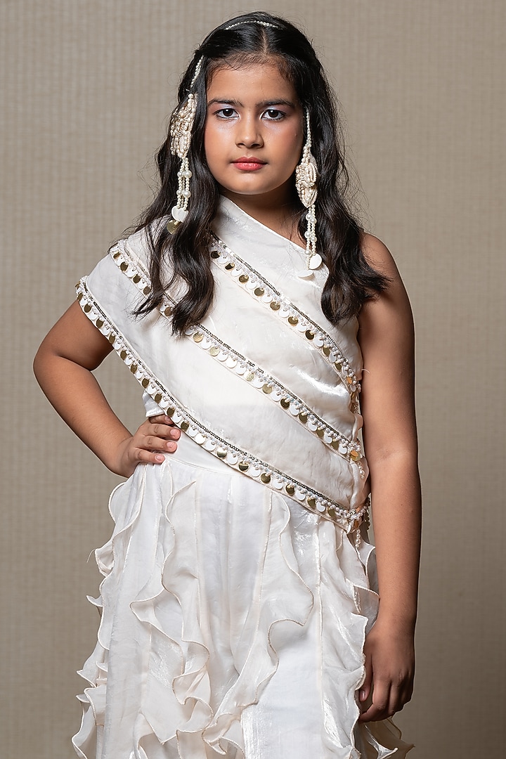Off-White Silk Satin Embroidered Cape Set For Girls by Kirti Agarwal Pret n Couture at Pernia's Pop Up Shop