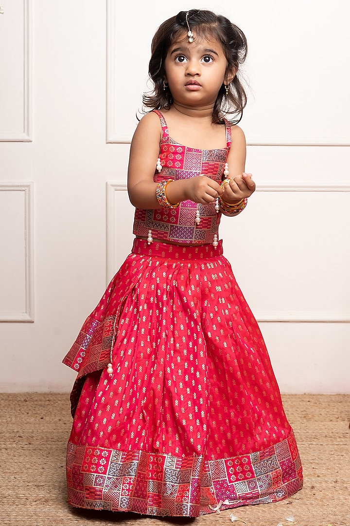 Reddish Pink Silk Brocade Printed Lehenga Set For Girls For Girls by  Kirti Agarwal Pret n Couture at Pernia's Pop Up Shop