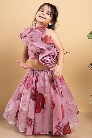 Soft Pink Organza & Silk Printed Lehenga Set For Girls by  Kirti Agarwal Pret n Couture
