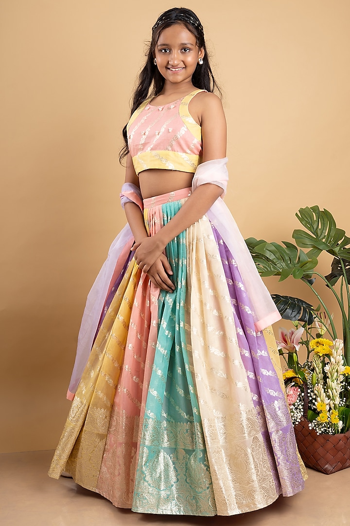 Multi-Colored Chanderi Silk & Organza Embroidered Lehenga Set For Girls by  Kirti Agarwal Pret n Couture at Pernia's Pop Up Shop