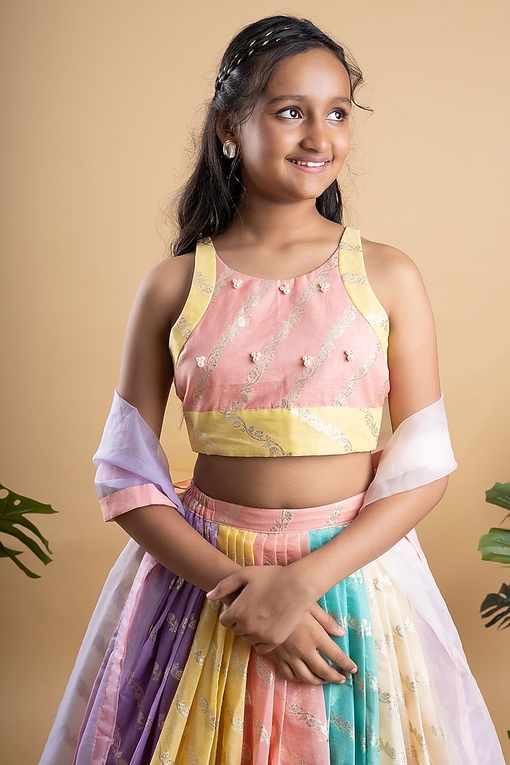 Multi-Colored Chanderi Silk & Organza Embroidered Lehenga Set For Girls by Kirti Agarwal Pret n Couture at Pernia's Pop Up Shop
