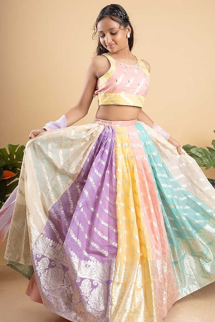 Multi-Colored Chanderi Silk & Organza Embroidered Lehenga Set For Girls by Kirti Agarwal Pret n Couture at Pernia's Pop Up Shop