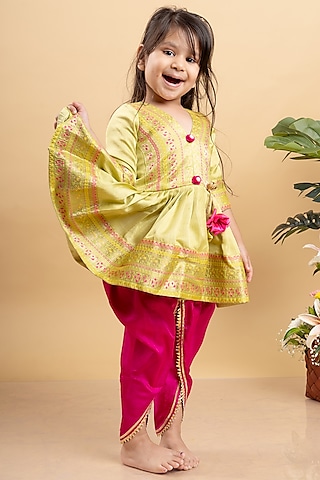 Fuchsia Pink Satin Silk Dhoti Set For Girls by  Kirti Agarwal Pret n Couture