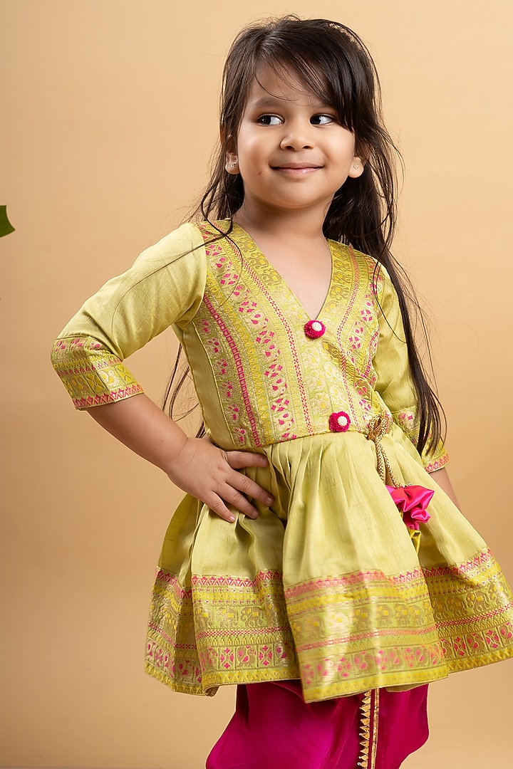Fuchsia Pink Satin Silk Dhoti Set For Girls by  Kirti Agarwal Pret n Couture at Pernia's Pop Up Shop