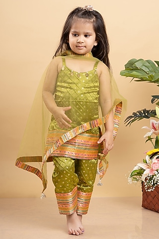 Olive Green Mushroo Silk Embroidered Kurta Set For Girls by  Kirti Agarwal Pret n Couture