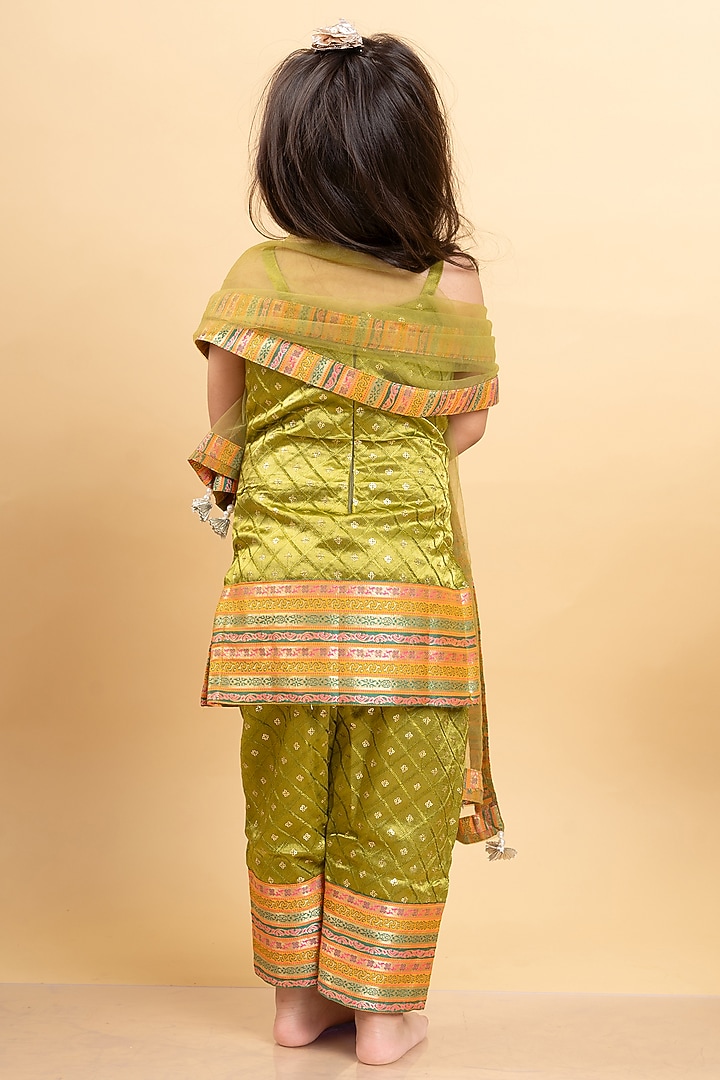 Olive Green Mushroo Silk Embroidered Kurta Set For Girls by Kirti Agarwal Pret n Couture at Pernia's Pop Up Shop