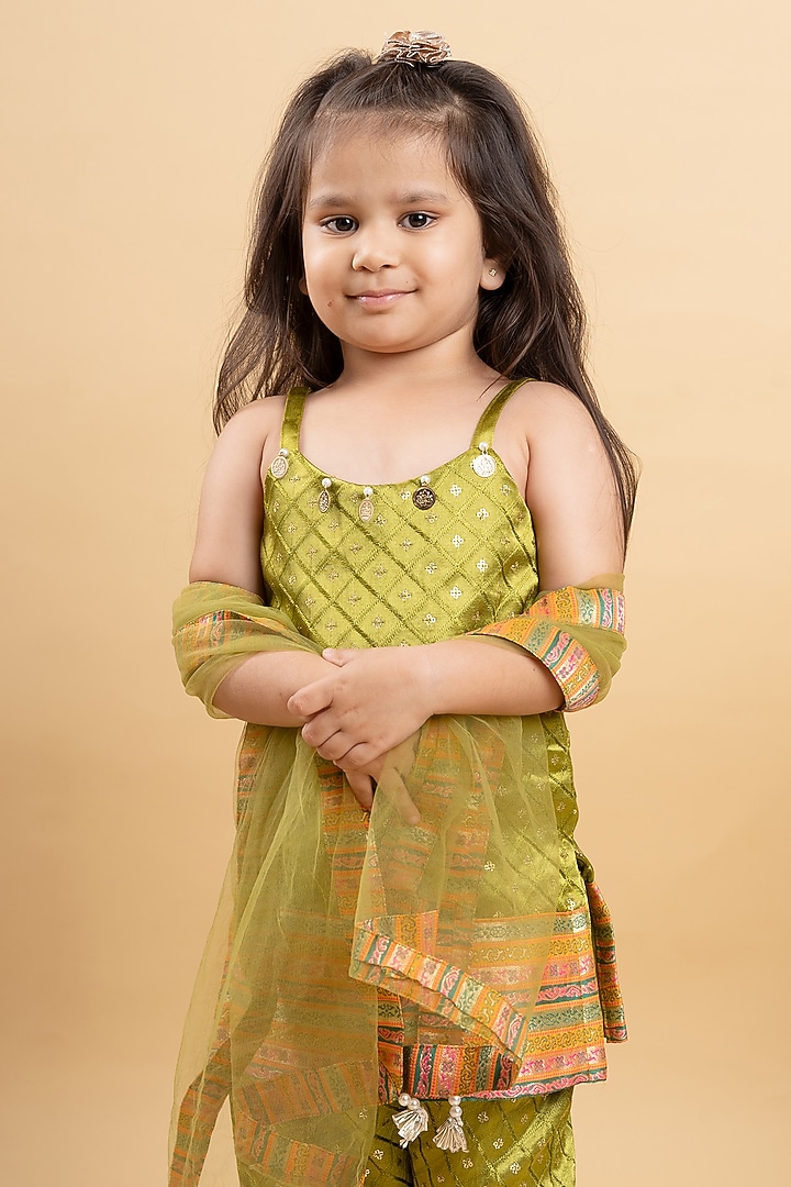 Olive Green Mushroo Silk Embroidered Kurta Set For Girls by Kirti Agarwal Pret n Couture at Pernia's Pop Up Shop