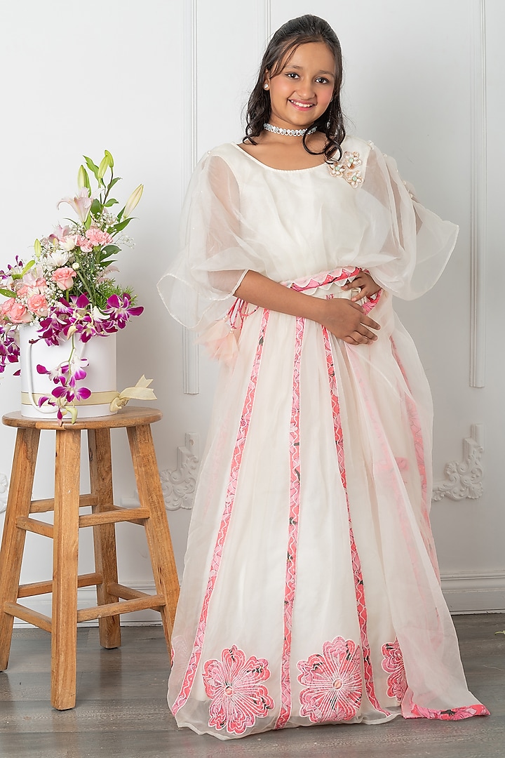 Off-White Silk Floral Applique Embroidered Lehenga Set For Girls by  Kirti Agarwal Pret n Couture at Pernia's Pop Up Shop