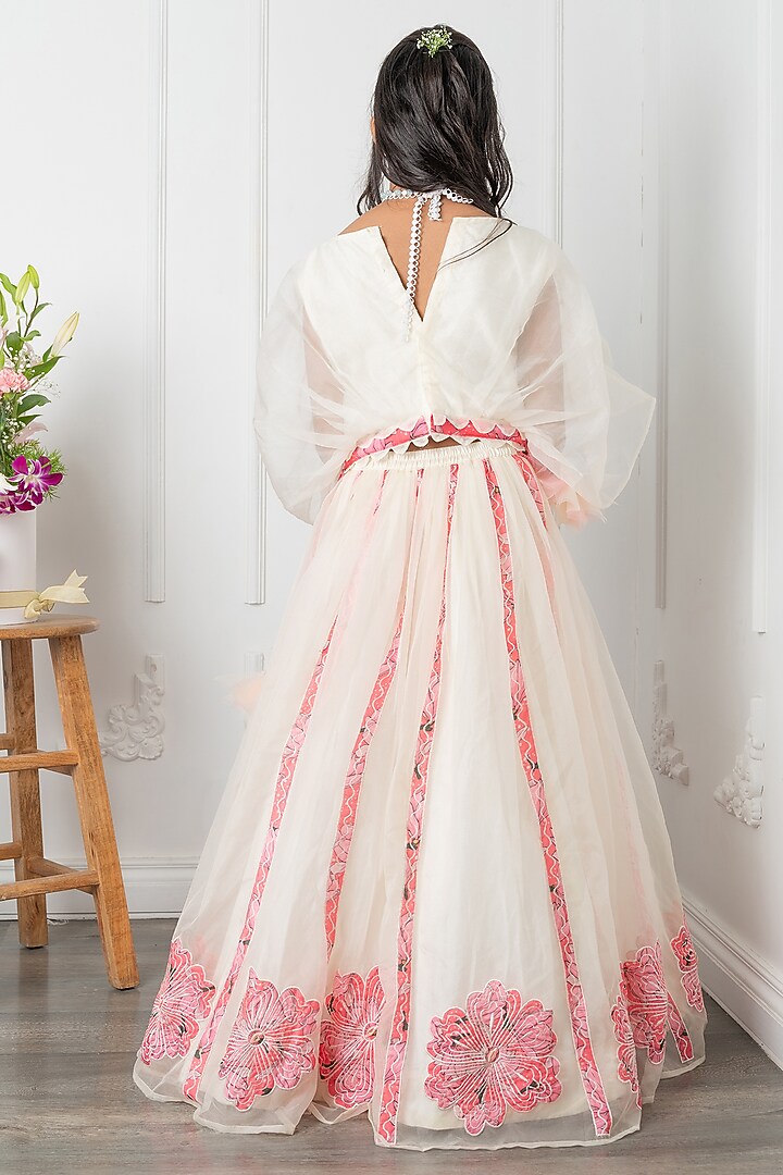 Off-White Silk Floral Applique Embroidered Lehenga Set For Girls by Kirti Agarwal Pret n Couture at Pernia's Pop Up Shop