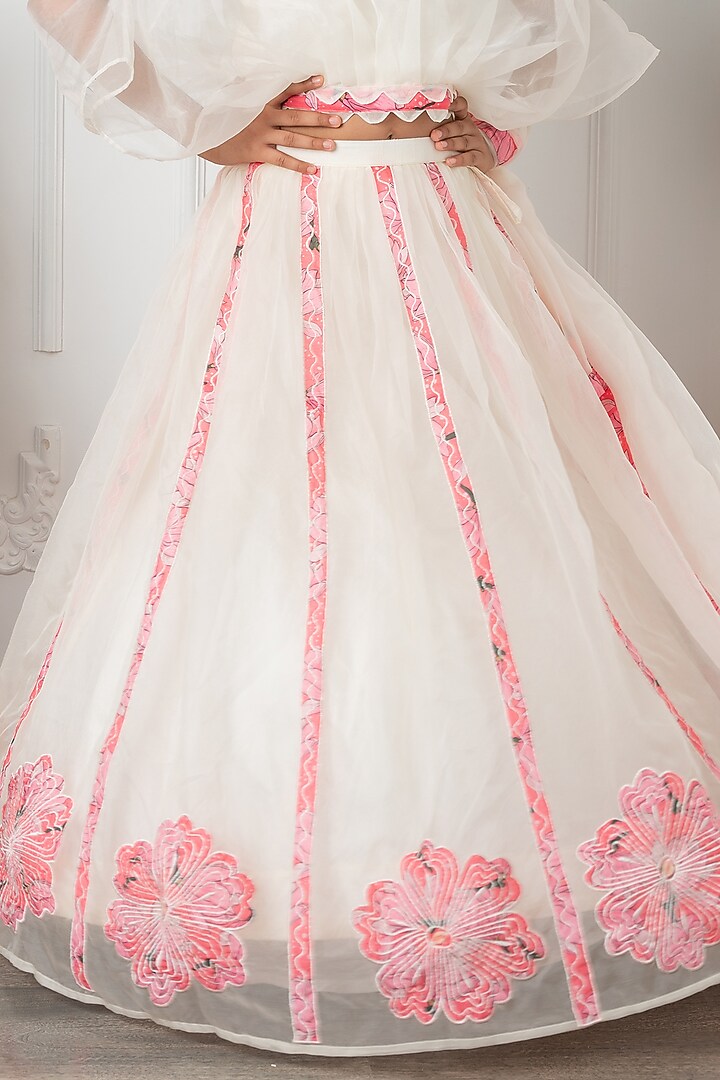 Off-White Silk Floral Applique Embroidered Lehenga Set For Girls by Kirti Agarwal Pret n Couture at Pernia's Pop Up Shop