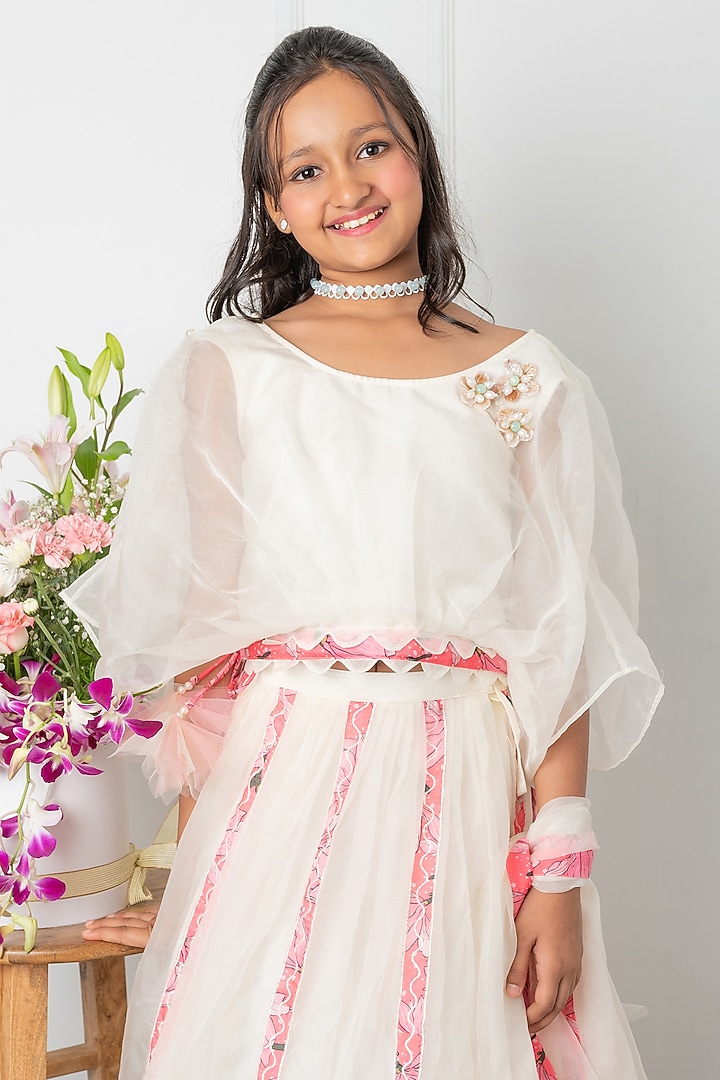 Off-White Silk Floral Applique Embroidered Lehenga Set For Girls by Kirti Agarwal Pret n Couture at Pernia's Pop Up Shop