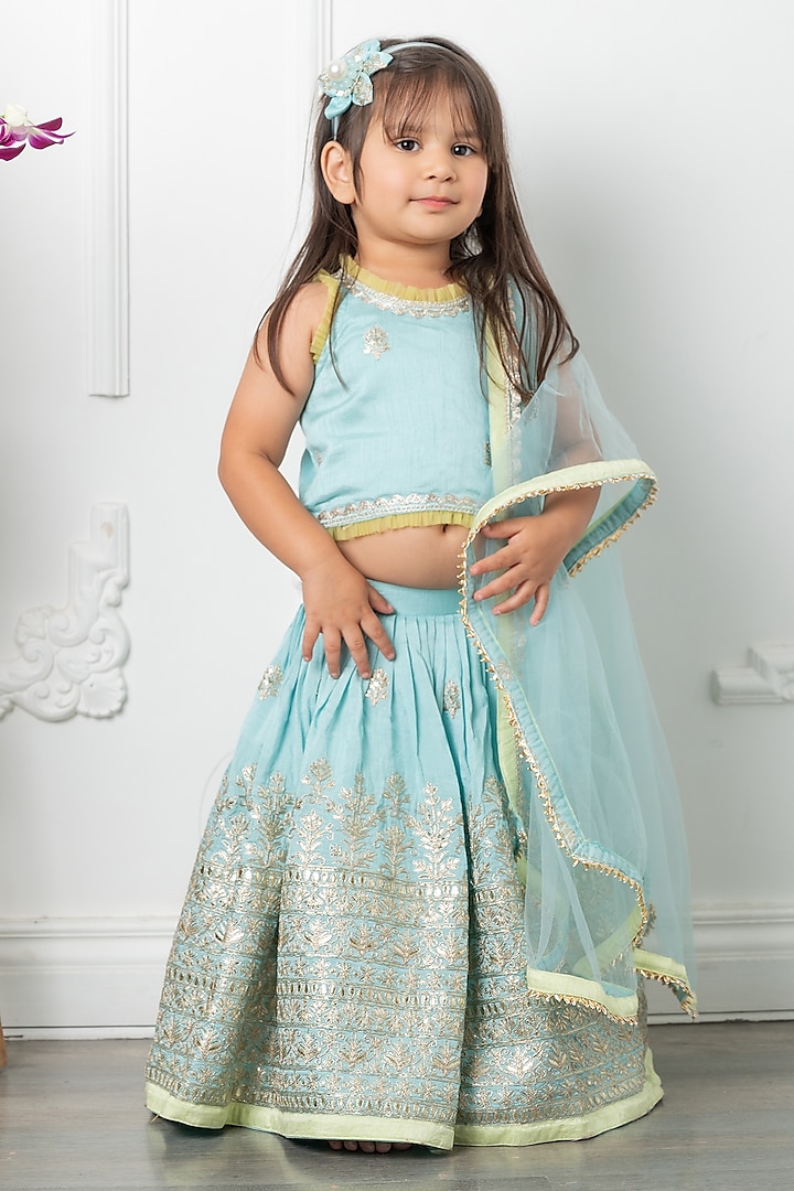 Blue & Green Embroidered Silk & Net Pitta Work Lehenga Set For Girls by  Kirti Agarwal Pret n Couture at Pernia's Pop Up Shop