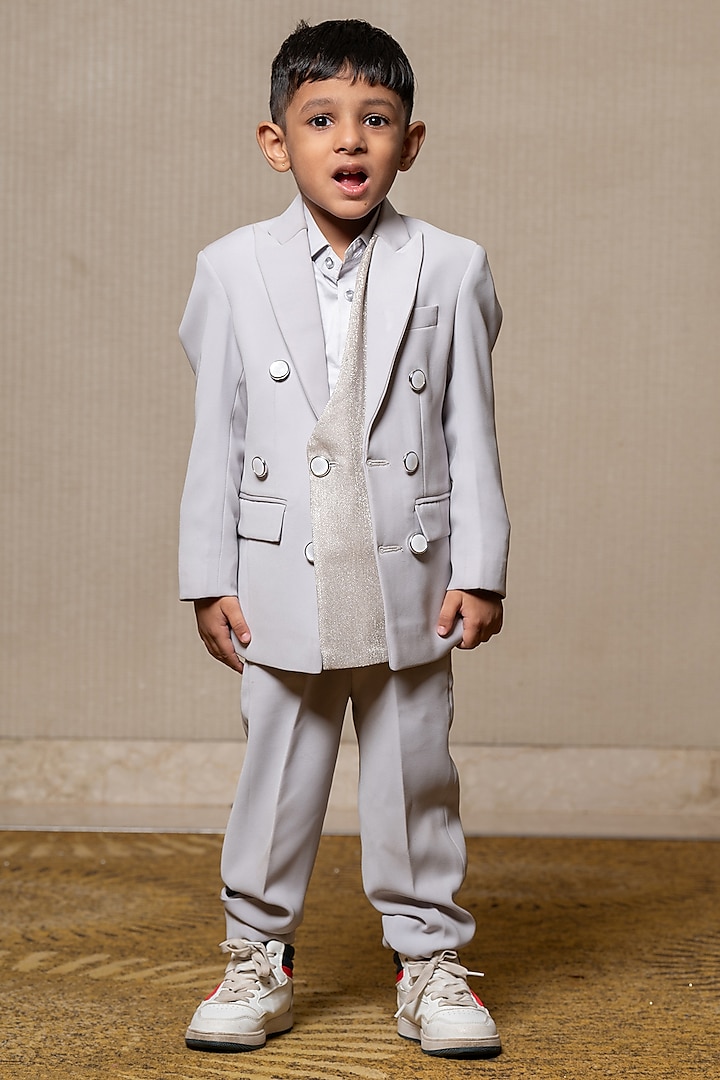 Light Grey Armani Fabric & Giza Cotton Blazer Set For Boys by  Kirti Agarwal Pret n Couture