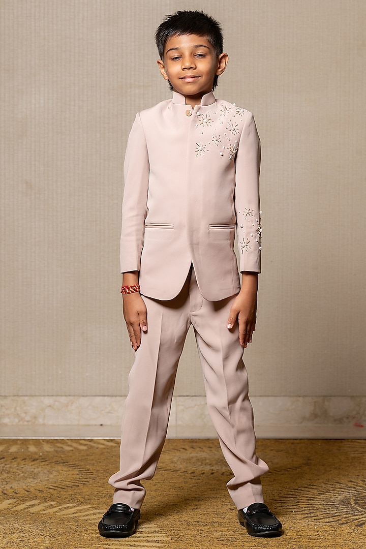 Beige Armani Fabric Embroidered Bandhgala Set For Boys by  Kirti Agarwal Pret n Couture