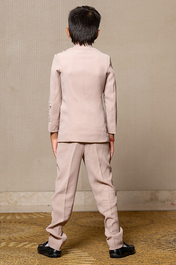 Beige Armani Fabric Embroidered Bandhgala Set For Boys by Kirti Agarwal Pret n Couture at Pernia's Pop Up Shop