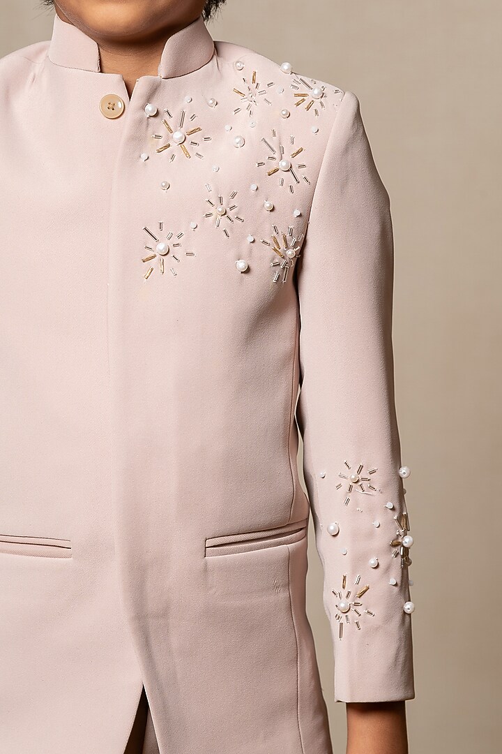 Beige Armani Fabric Embroidered Bandhgala Set For Boys by Kirti Agarwal Pret n Couture at Pernia's Pop Up Shop