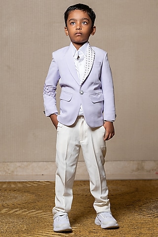 Lavender Armani Fabric & Giza Cotton Embroidered Blazer Set For Boys by  Kirti Agarwal Pret n Couture