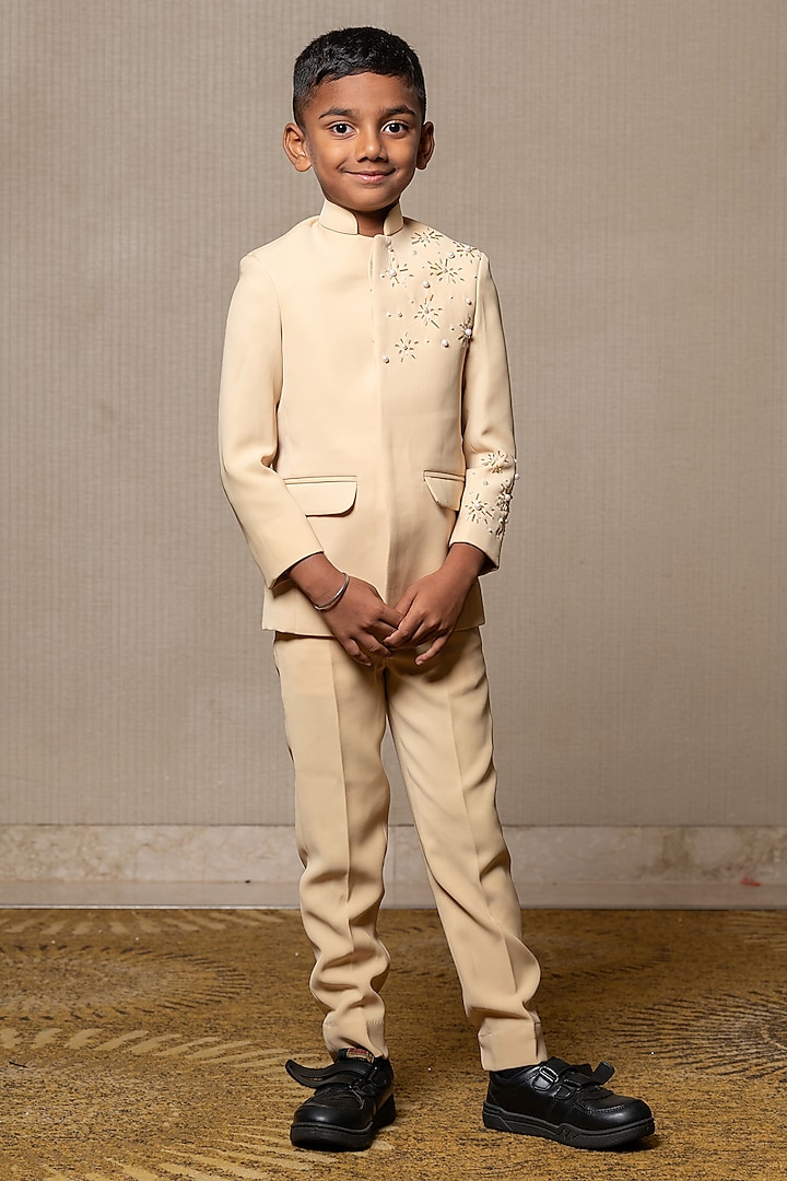 Beige Armani Fabric Embroidered Bandhgala Set For Boys by  Kirti Agarwal Pret n Couture