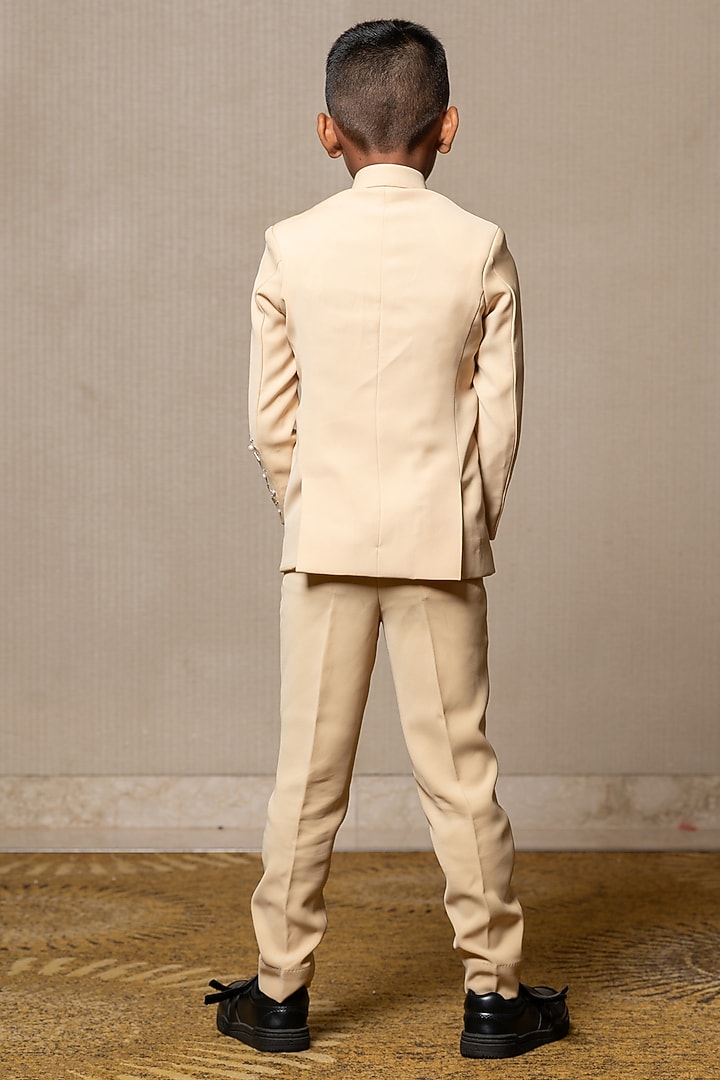 Beige Armani Fabric Embroidered Bandhgala Set For Boys by Kirti Agarwal Pret n Couture at Pernia's Pop Up Shop