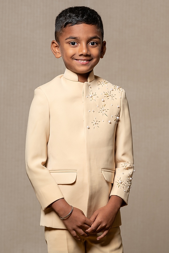 Beige Armani Fabric Embroidered Bandhgala Set For Boys by Kirti Agarwal Pret n Couture at Pernia's Pop Up Shop