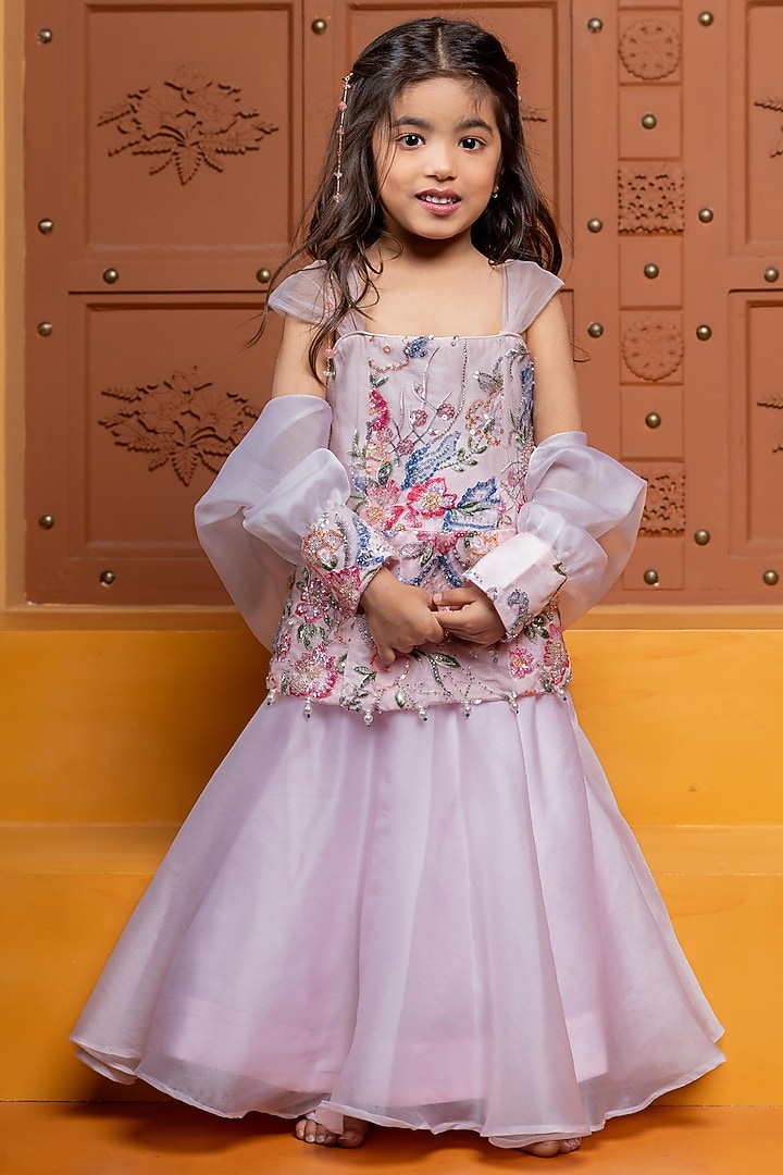 Pastel Lavender Satin Organza Lehenga Set For Girls by Kirti Agarwal Pret n Couture at Pernia's Pop Up Shop