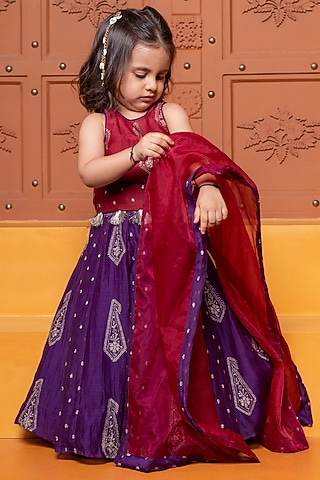 Rich Purple Chanderi Silk & Organza Printed Lehenga Set For Girls by Kirti Agarwal Pret n Couture