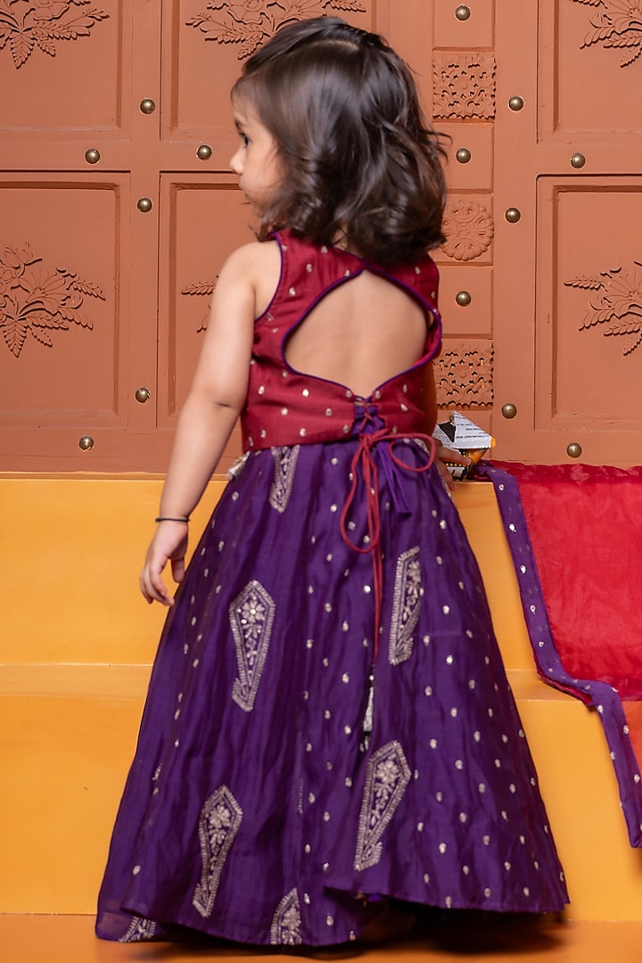 Rich Purple Chanderi Silk & Organza Printed Lehenga Set For Girls by Kirti Agarwal Pret n Couture at Pernia's Pop Up Shop