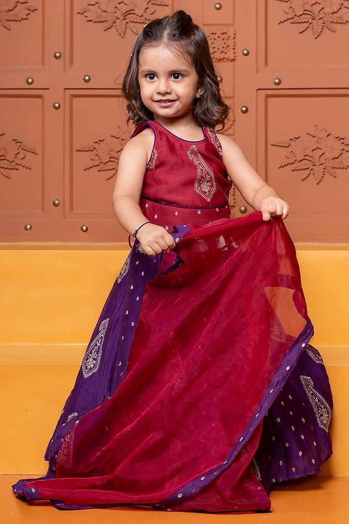 Rich Purple Chanderi Silk & Organza Printed Lehenga Set For Girls by Kirti Agarwal Pret n Couture at Pernia's Pop Up Shop