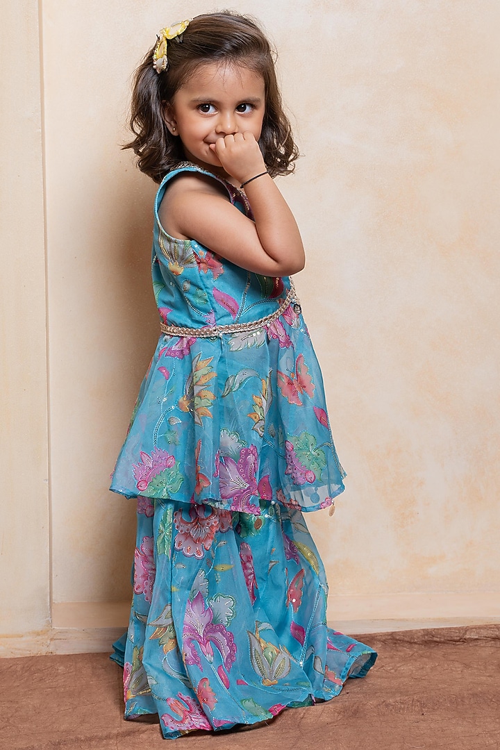 Blue Shantoon & Tabby Organza Printed Skirt Set For Girls by Kirti Agarwal Pret n Couture at Pernia's Pop Up Shop