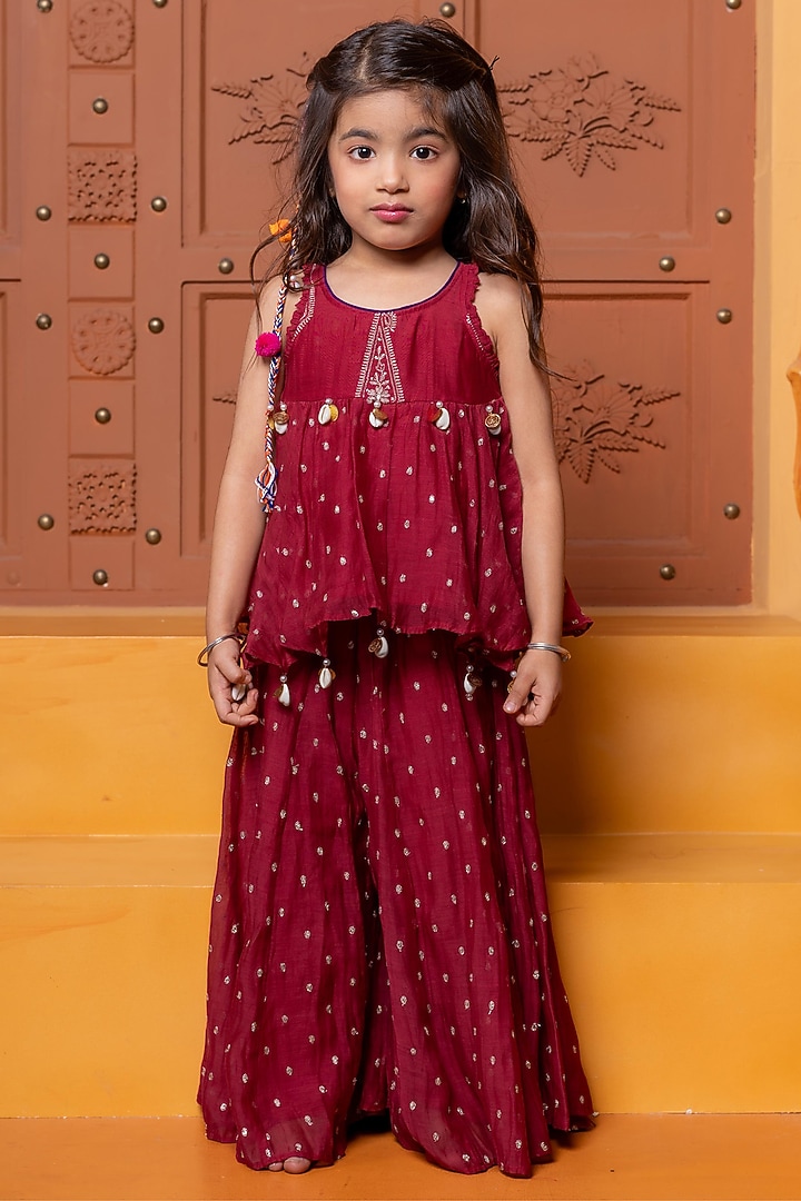 Maroon Pure Chanderi Silk Printed Skirt Set For Girls by Kirti Agarwal Pret n Couture at Pernia's Pop Up Shop