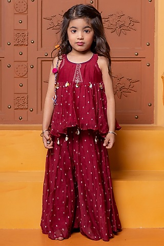Maroon Pure Chanderi Silk Printed Skirt Set For Girls by Kirti Agarwal Pret n Couture