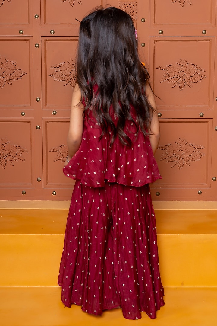 Maroon Pure Chanderi Silk Printed Skirt Set For Girls by Kirti Agarwal Pret n Couture at Pernia's Pop Up Shop