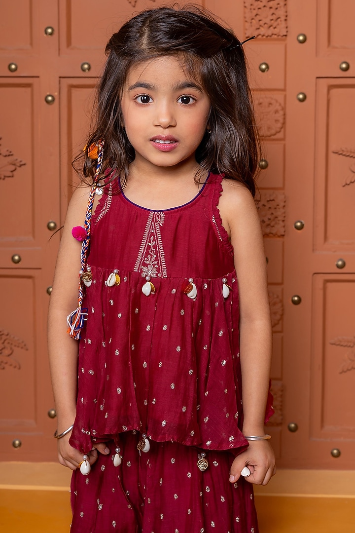 Maroon Pure Chanderi Silk Printed Skirt Set For Girls by Kirti Agarwal Pret n Couture at Pernia's Pop Up Shop