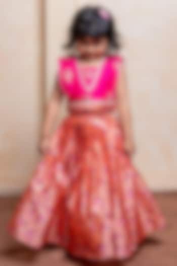 Peach Silk & Net Floral Printed Lehenga Set For Girls by Kirti Agarwal Pret n Couture at Pernia's Pop Up Shop