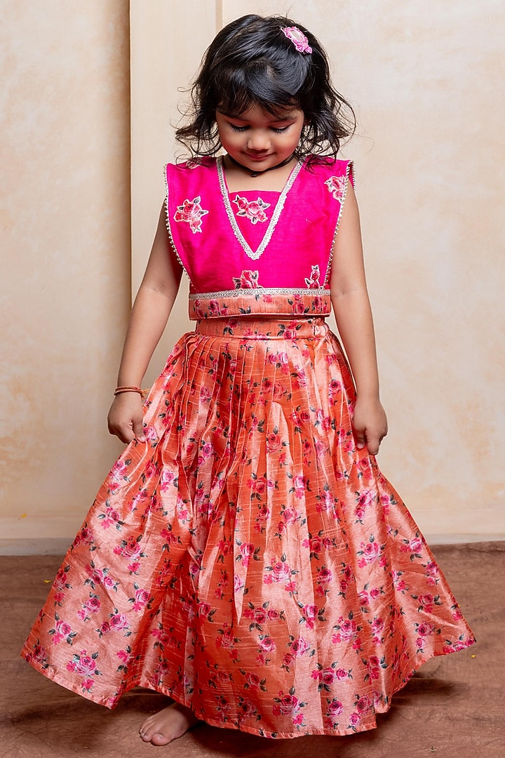 Peach Silk & Net Floral Printed Lehenga Set For Girls by Kirti Agarwal Pret n Couture at Pernia's Pop Up Shop
