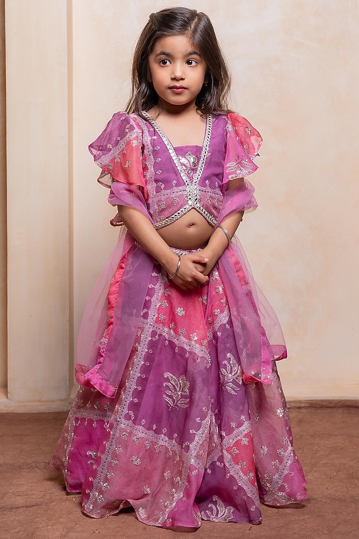 Pink & Purple Organza Printed Lehenga Set For Girls by Kirti Agarwal Pret n Couture at Pernia's Pop Up Shop