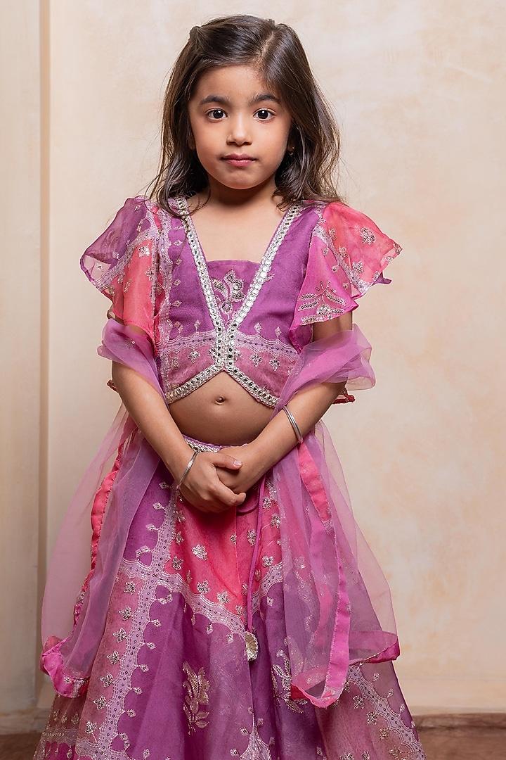 Pink & Purple Organza Printed Lehenga Set For Girls by Kirti Agarwal Pret n Couture at Pernia's Pop Up Shop