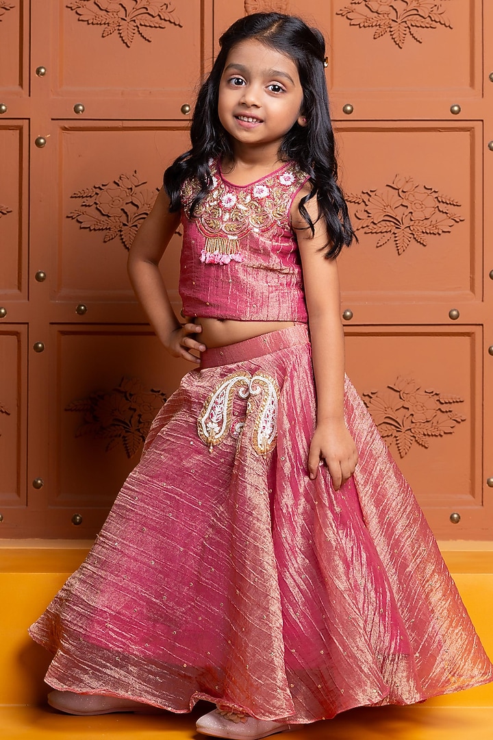 Maroonish Pink Tissue Silk Embroidered Lehenga Set For Girls by Kirti Agarwal Pret n Couture at Pernia's Pop Up Shop