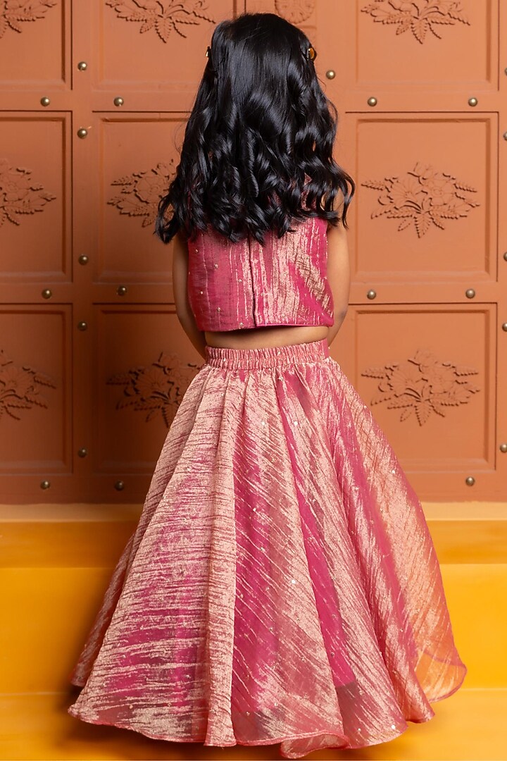 Maroonish Pink Tissue Silk Embroidered Lehenga Set For Girls by Kirti Agarwal Pret n Couture at Pernia's Pop Up Shop