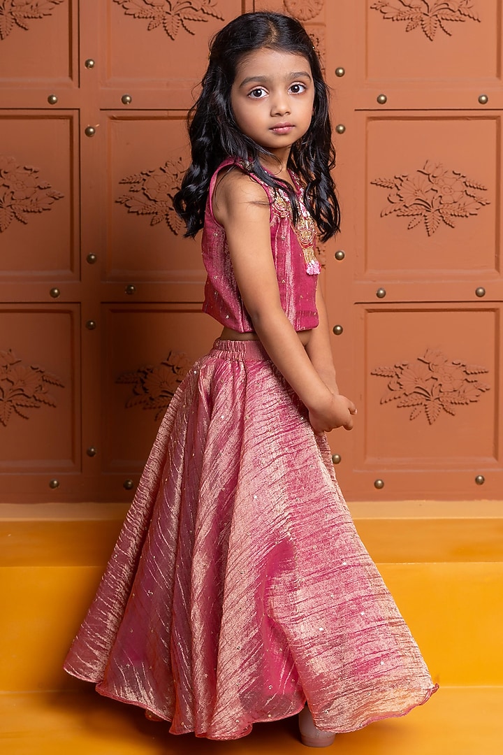Maroonish Pink Tissue Silk Embroidered Lehenga Set For Girls by Kirti Agarwal Pret n Couture at Pernia's Pop Up Shop