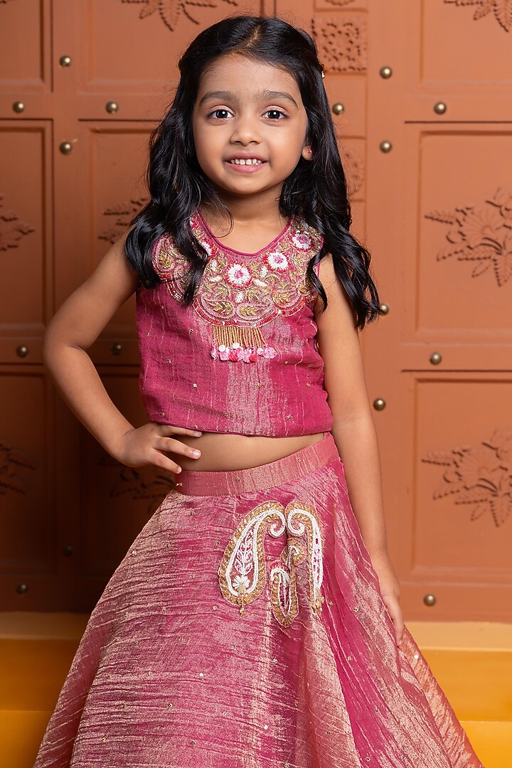 Maroonish Pink Tissue Silk Embroidered Lehenga Set For Girls by Kirti Agarwal Pret n Couture at Pernia's Pop Up Shop
