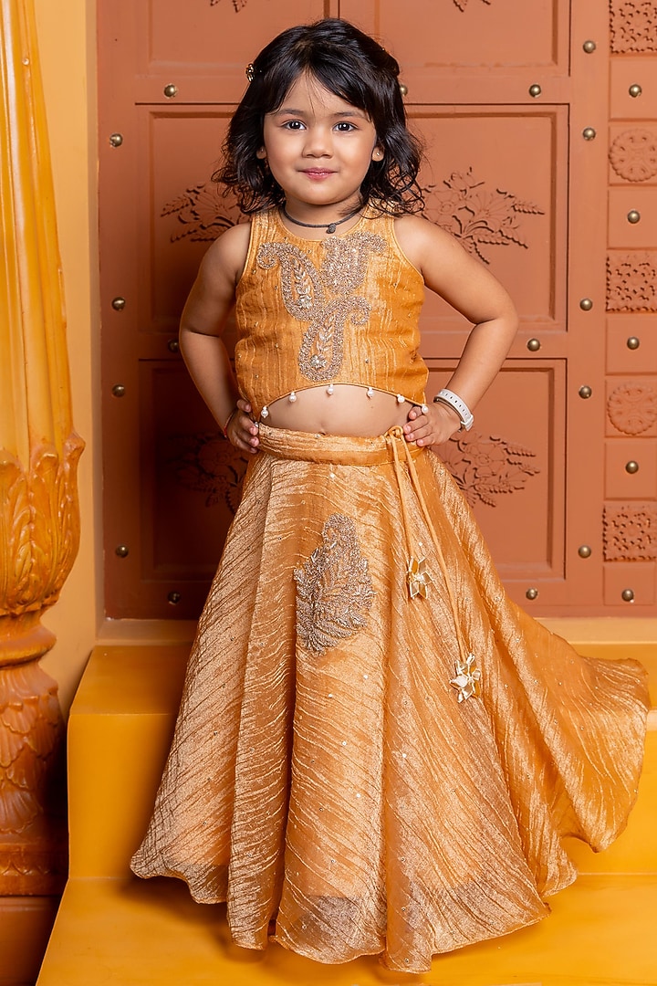 Golden Brown Tissue Silk Embroidered Lehenga Set For Girls by Kirti Agarwal Pret n Couture at Pernia's Pop Up Shop
