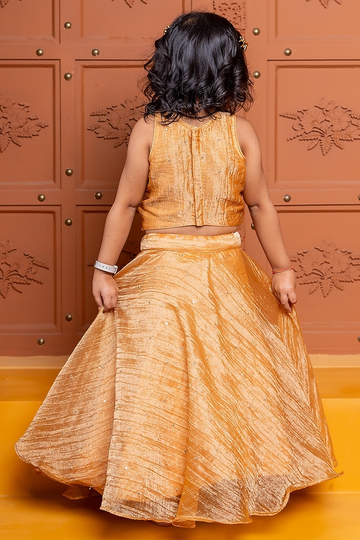 Golden Brown Tissue Silk Embroidered Lehenga Set For Girls by Kirti Agarwal Pret n Couture at Pernia's Pop Up Shop