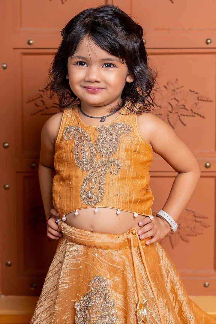 Golden Brown Tissue Silk Embroidered Lehenga Set For Girls by Kirti Agarwal Pret n Couture at Pernia's Pop Up Shop