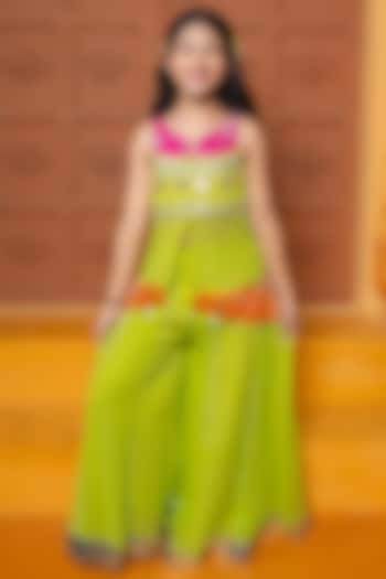Green Georgette & Brocade Silk Sharara Set For Girls by Kirti Agarwal Pret n Couture at Pernia's Pop Up Shop
