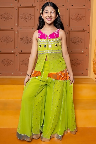 Green Georgette & Brocade Silk Sharara Set For Girls by Kirti Agarwal Pret n Couture